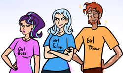 Size: 2048x1218 | Tagged: safe, artist:katedoof, starlight glimmer, sunburst, trixie, human, g4, funny, gradient background, humanized, meme, trio