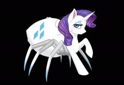 Size: 1964x1344 | Tagged: safe, artist:ketti milk, rarity, monster pony, original species, spiderpony, unicorn, g4, bedroom eyes, black background, chest fluff, female, horn, looking at you, mare, profile, raised hoof, rarirachnid, simple background, smiling, solo, species swap, spiderponyrarity