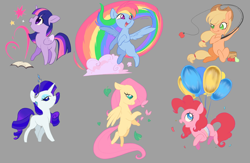 Size: 2560x1673 | Tagged: safe, artist:meteor s, applejack, fluttershy, pinkie pie, rainbow dash, rarity, twilight sparkle, alicorn, earth pony, pegasus, pony, unicorn, g4, balloon, book, cute, dashabetes, diapinkes, fishing rod, gray background, horn, jackabetes, leaves, magic book, mane six, rainbow, rainbow trail, raribetes, shyabetes, simple background, twiabetes, twilight sparkle (alicorn)