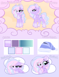 Size: 3840x5000 | Tagged: safe, artist:lbrcloud, oc, oc only, oc:sweet serenity, pegasus, pony, absurd resolution, ahoge, blaze (coat marking), blue eyes, coat markings, color palette, colored eartips, colored hooves, colored wings, colored wingtips, commission, ear fluff, eye clipping through hair, eyebrows, eyebrows visible through hair, eyelashes, facial markings, folded wings, frown, gradient ears, gradient legs, hooves, long mane, mealy mouth (coat marking), multiple angles, narrowed eyes, open mouth, open smile, pale belly, pale muzzle, pegasus oc, pink hooves, purple background, purple coat, purple wingtips, reference sheet, simple background, smiling, socks (coat markings), solo, standing, stripe (coat marking), tail, text, thick eyelashes, three toned mane, two toned wings, unamused, unshorn fetlocks, wavy mane, wavy tail, white text, wings