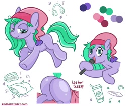 Size: 1080x911 | Tagged: safe, artist:redpalette, oc, oc only, oc:dj sleepyhooves, earth pony, pony, beanie, butt, earth pony oc, female, hat, mare, microphone, plot, reference sheet, simple background, solo, white background