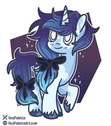 Size: 840x951 | Tagged: safe, artist:redpalette, oc, oc only, oc:ink drop, unicorn, 2022, artfight, black bow, blind, blue coat, blue hooves, blue mane, blue tail, blush lines, blushing, bow, coat markings, colored hooves, facial markings, female, female oc, gift art, hooves, horn, horn markings, long mane, long tail, mare, mare oc, passepartout, ponytail, raised hoof, signature, smiling, solo, sparkle, sparkles, splotches, standing on three hooves, tail, tied mane, tied tail, unicorn oc, unshorn fetlocks