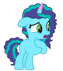 Size: 3758x4195 | Tagged: safe, artist:ramixe dash, misty brightdawn, pony, unicorn, g4, g5, base used, blank flank, female, filly, filly misty brightdawn, floppy ears, foal, g5 to g4, generation leap, horn, looking at something, open mouth, raised leg, simple background, solo, transparent background, younger