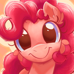 Size: 1000x1000 | Tagged: safe, artist:candy meow, pinkie pie, earth pony, pony, g4, abstract background, cheek fluff, cute, diapinkes, ear fluff, female, looking at you, mare, smiling, solo