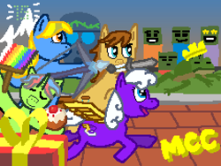 Size: 480x360 | Tagged: safe, artist:alumina nitride, oc, oc only, earth pony, frog, pegasus, unicorn, bow, brush, cake, crown, digital art, female, food, horn, jewelry, male, mare, mcc, minecraft, moai, mountain, pixel art, pixel-crisp art, present, regalia, stallion, sword, weapon