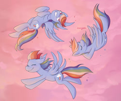 Size: 2048x1703 | Tagged: safe, artist:starryducks, rainbow dash, pegasus, pony, g4, backwards cutie mark, cloud, eyes closed, female, flying, grin, hooves behind head, mare, smiling, solo, spread wings, upside down, wings