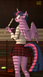 Size: 2160x3840 | Tagged: safe, artist:zgsfm, twilight sparkle, alicorn, anthro, g4, 3d, book, bookshelf, chair, clothes, desk lamp, female, glasses, horn, implied tail hole, lamp, library, looking back, ruler, shirt, skirt, solo, table, tail, twilight sparkle (alicorn), wings