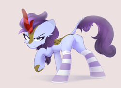 Size: 3000x2200 | Tagged: safe, alternate version, artist:o0o-bittersweet-o0o, oc, oc only, oc:silver brook, kirin, butt, cheek fluff, clothes, commission, concave belly, ear fluff, eyelashes, featureless crotch, kirin oc, looking at you, narrowed eyes, plot, raised hoof, side view, simple background, slender, smiling, smirk, socks, solo, standing, standing on three hooves, striped socks, tail, thin, underhoof, ych result