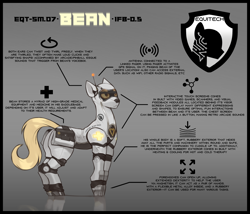 Size: 3500x3000 | Tagged: safe, artist:nsilverdraws, artist:veen, oc, oc only, oc:special medical bean, earth pony, pony, robot, robot pony, bag, bot, gradient background, medic, medical saddlebag, reflection, saddle bag, science fiction, solo, tail, text