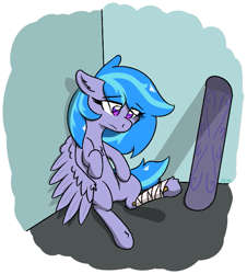 Size: 635x701 | Tagged: safe, artist:harmonicglow, oc, oc only, oc:snowy peaks, pegasus, pony, blue mane, broken leg, female, leaning on wall, mare, purple eyes, sad, snowboard, solo, splint, spread wings, wings, worried