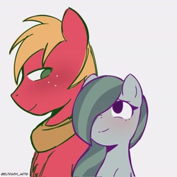 Size: 2047x2048 | Tagged: safe, artist:eltrash_art6, big macintosh, marble pie, earth pony, pony, g4, blushing, cute, duo, duo male and female, female, freckles, looking at each other, looking at someone, male, marblebetes, mare, ship:marblemac, shipping, simple background, stallion, straight, white background