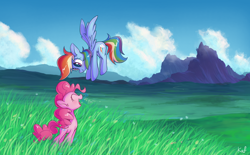 Size: 2990x1848 | Tagged: safe, artist:kaf_pone, pinkie pie, rainbow dash, earth pony, pegasus, pony, g4, cloud, duo, duo female, female, flying, grass, grass field, lesbian, mare, mountain, scenery, ship:pinkiedash, shipping, sky, spread wings, wings