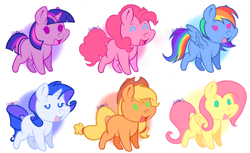 Size: 2560x1564 | Tagged: safe, artist:meteor s, applejack, fluttershy, pinkie pie, rainbow dash, rarity, twilight sparkle, earth pony, pegasus, pony, unicorn, g4, cute, horn, mane six, squatpony, unicorn twilight