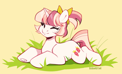 Size: 3224x1968 | Tagged: safe, artist:sugarstar, oc, oc only, oc:strawberry bun, pony, unicorn, artfight, bangs, bow, colored underhoof, eyelashes, eyes closed, freckles, frog (hoof), gift art, grass, hair accessory, hair bow, horn, lying down, mane accessory, outdoors, pink coat, pink mane, pink tail, ponytail, prone, shiny mane, signature, simple background, smiling, solo, tail, three toned mane, three toned tail, tied mane, underhoof, unicorn oc, yellow background, yellow bow