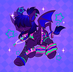 Size: 2943x2904 | Tagged: safe, artist:sugarstar, oc, oc only, oc:blacklight, bat pony, pony, artfight, blue mane, blue tail, clothes, collar, colored pinnae, colored wings, dark coat, ear fluff, ear tufts, fangs, fishnet clothing, fishnet stockings, flying, frown, gift art, glow rings, hair over eyes, jewelry, leg warmers, leonine tail, necklace, neon, nose piercing, outline, patterned background, piercing, pigtails, purple coat, raised hoof, raver, septum piercing, signature, solo, sparkles, spiked collar, spiked tail band, spiked wristband, spread wings, stars, stockings, striped leg warmers, striped mane, striped tail, tail, tail band, thigh highs, three toned mane, three toned tail, tied mane, two toned wings, underhoof, wings, wristband