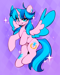 Size: 3000x3788 | Tagged: safe, artist:sugarstar, oc, oc only, oc:neon star, alicorn, pony, ahoge, alicorn oc, artfight, blue eyes, blue mane, blue tail, blue wingtips, coat markings, colored wings, colored wingtips, ear markings, eye clipping through hair, eye scar, eyebrows, eyebrows visible through hair, eyelashes, facial scar, female, female oc, flying, freckles, fringe, gift art, gradient mane, gradient tail, high res, horn, leg markings, mare, mare oc, outline, patterned background, pink coat, scar, signature, smiling, solo, sparkles, spread wings, tail, two toned mane, two toned tail, two toned wings, unicorn horn, wings
