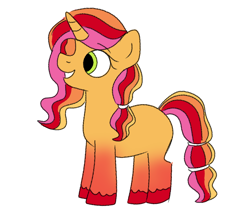 Size: 1220x1089 | Tagged: safe, artist:wh189, oc, oc only, oc:appleblossom, pony, unicorn, blank flank, colored hooves, colored legs, eyebrows, eyebrows visible through hair, eyelashes, female, filly, foal, gradient legs, green eyes, hooves, horn, long mane, multicolored hair, multicolored mane, multicolored tail, orange coat, ponytail, profile, red coat, red hooves, shy, simple background, smiling, solo, standing, tail, tied mane, tied tail, unicorn horn, unicorn oc, unshorn fetlocks, wavy mane, wavy tail, white background