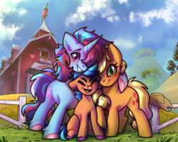 Size: 1280x1024 | Tagged: safe, artist:drawmagic, applejack, oc, oc:candied apple, oc:chilly passion, earth pony, pony, unicorn, g4, apple, apple tree, blue coat, blue mane, canon x oc, couple, cowboy hat, cute, family, family picture, female, fence, freckles, green eyes, hat, horn, hug, male, married couple, multicolored hair, multicolored mane, multicolored tail, orange coat, pink hooves, pink mane, purple eyes, purple hooves, smiling, straight, sweet apple acres, sweet apple acres barn, tail, tree, wholesome, yellow mane