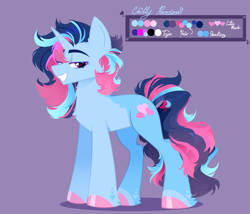 Size: 2810x2401 | Tagged: artist needed, safe, oc, oc only, oc:chilly passion, pony, unicorn, g4, blue coat, blue eyelashes, blue horn, blue mane, blue tail, blue text, chest fluff, color palette, colored eyelashes, colored fetlocks, colored hooves, cutie mark, ear fluff, eyebrows, fetlock tuft, fluffy mane, fluffy tail, heart, heart mark, hooves, horn, leg markings, lidded eyes, light blue mane, male, male oc, multicolored hair, multicolored mane, multicolored tail, pink eyes, pink hooves, pink mane, pink tail, purple background, purple eyes, reference sheet, shadow, simple background, smiling, smirk, smug, stallion, stallion oc, standing, starry eyes, tail, text, thick eyebrows, unicorn horn, unicorn oc, wingding eyes
