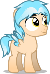 Size: 597x890 | Tagged: safe, artist:stellardusk, oc, oc only, oc:lumin light, pegasus, pony, g4, aged down, beige coat, blank flank, blue mane, blue tail, colored wings, colored wingtips, colt, cream coat, cute, foal, gradient legs, gradient mane, gradient muzzle, gradient tail, gradient wings, looking up, male, male oc, multicolored hair, multicolored mane, multicolored tail, multicolored wingtips, pegasus oc, simple background, smiling, solo, spread wings, standing, tail, transparent background, white mane, white tail, wings, yellow eyes