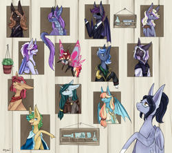 Size: 2000x1778 | Tagged: safe, artist:nyanri, oc, oc only, oc:brass tacks, oc:bright eyes, oc:cherry bomb, oc:gloomy, oc:jasmine, oc:lavender, oc:nox, oc:quick tie, oc:riptide, bat pony, dragon, hybrid, pegasus, pony, unicorn, angry, bust, cape, clothes, eyepatch, female, glasses, group, horn, jacket, looking at you, male, mare, pirate, portrait, scar, simple background, smiling, stallion, suit, wings