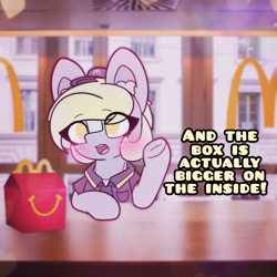 Size: 4096x4096 | Tagged: safe, artist:sodapop sprays, part of a set, derpy hooves, pegasus, pony, series:derpy can't catch a break, g4, blushing, cartoon physics, chest fluff, clothes, doctor who, ear fluff, eye clipping through hair, fast food, food, freckles, hammerspace, happy meal, implied dr whooves, mcdonald's, solo, talking to viewer, text