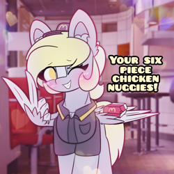 Size: 4096x4096 | Tagged: safe, artist:sodapop sprays, part of a set, derpy hooves, pegasus, pony, series:derpy can't catch a break, g4, blushing, chest fluff, chicken meat, chicken nugget, clothes, ear fluff, eye clipping through hair, fast food, food, freckles, long hair, looking at you, mcdonald's, meat, meme, one eye closed, peace sign, smiling, smiling at you, solo, spread wings, text, wing hands, wings, wink, winking at you