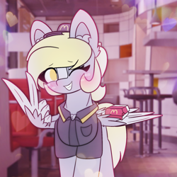 Size: 4096x4096 | Tagged: safe, artist:sodapop sprays, part of a set, derpy hooves, pegasus, pony, series:derpy can't catch a break, g4, absurd resolution, blushing, chest fluff, chicken meat, chicken nugget, clothes, colored pinnae, cute, derpabetes, ear fluff, eye clipping through hair, eyebrows, eyebrows visible through hair, fast food, featured image, female, food, freckles, hat, hnnng, long hair, looking at you, mare, mcdonald's, meat, meme, no catchlights, no pupils, one eye closed, peace sign, real life background, smiling, smiling at you, solo, spread wings, thick eyelashes, uniform, weapons-grade cute, wing gesture, wing hands, wing hold, wings, wink, winking at you, working