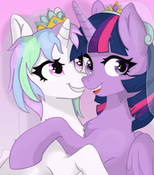 Size: 819x932 | Tagged: safe, artist:minecake, twilight sparkle, oc, oc:cake sparkle, alicorn, pony, unicorn, g4, bust, canon x oc, duo, female, gradient background, horn, hug, lesbian, portrait, shipping, twilight sparkle (alicorn), unicorn oc, veil, wedding veil