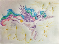 Size: 4000x3000 | Tagged: safe, artist:jsunlight, princess celestia, alicorn, pony, g4, colored pencil drawing, concave belly, female, flying, long mane, long tail, mare, slender, solo, tail, thin, traditional art, windswept mane