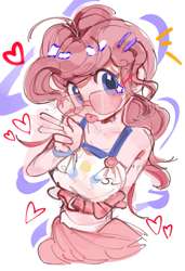 Size: 707x1034 | Tagged: safe, artist:wobuxihuantongjiwoxiexieni, pinkie pie, human, g4, abstract background, bracelet, clothes, emanata, floating heart, glasses, hairpin, half body, heart, humanized, jewelry, looking at you, peace sign, skirt, solo, starry eyes, sunglasses, tank top, tongue out, wingding eyes