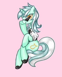 Size: 1079x1331 | Tagged: safe, artist:lizi841040, lyra heartstrings, pony, unicorn, g4, clothes, female, hoof on cheek, horn, looking at you, mare, necktie, pink background, shirt, shoes, simple background, sitting, smiling, solo, sunglasses