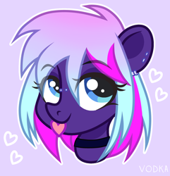 Size: 1500x1555 | Tagged: oc name needed, safe, artist:olivi, oc, oc only, earth pony, pony, art, base used, blue eyes, bust, character, choker, commission, ear piercing, earring, eye clipping through hair, eyebrows, eyebrows visible through hair, eyelashes, female, floating heart, free, free art, gift art, gradient mane, heart, jewelry, lidded eyes, looking up, mare, mouth hold, multicolored mane, neon, outline, piercing, portrait, present, purple coat, request, signature, solo, spiky mane, ych result