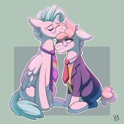 Size: 2100x2100 | Tagged: safe, artist:bkiltersot, feather flatterfly, svengallop, earth pony, pegasus, g4, clothes, duo, duo male, folded wings, gay, glasses, high res, male, necktie, passepartout, ship:feathergallop, shipping, simple background, sitting, stallion, wings