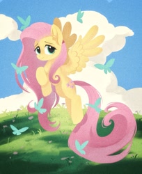 Size: 1717x2102 | Tagged: safe, artist:mink, fluttershy, butterfly, pegasus, pony, g4, cloud, cute, female, flying, grainy, grass, mare, outdoors, shyabetes, smiling, solo, spread wings, wings