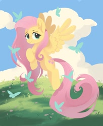 Size: 1717x2102 | Tagged: safe, alternate version, artist:mink, fluttershy, butterfly, pegasus, pony, g4, cloud, female, flying, grass, mare, outdoors, smiling, solo, spread wings, wings