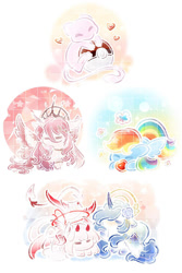 Size: 750x1125 | Tagged: source needed, safe, artist:yunguanwuli, rainbow dash, oc, alicorn, mew, pegasus, pony, g4, alicorn oc, apple, food, halo, horn, horns, jewelry, mythical pokémon, pokémon, regalia, wings