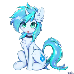 Size: 2048x2048 | Tagged: safe, artist:weiling, oc, oc only, oc:微零, pony, unicorn, :3, blue mane, blue tail, blushing, chest fluff, collar, colored eyelashes, cute, ear fluff, eye clipping through hair, eyebrows, eyebrows visible through hair, fluffy, hock fluff, horn, leg fluff, looking at you, shiny coat, shiny mane, shiny tail, shoulder fluff, simple background, sitting, smiling, solo, tail, teal eyelashes, teal eyes, tongue out, two toned mane, two toned tail, unicorn oc, white background