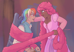 Size: 2048x1430 | Tagged: safe, artist:starryducks, pinkie pie, rainbow dash, human, g4, alternate hairstyle, bondage, chair, clothes, cosplay, costume, crossover, dark skin, disney, dress, duo, duo female, female, flynn rider, hair, hair bondage, humanized, impossibly long hair, lesbian, lipstick, long hair, looking at each other, looking at someone, pants, rapunzel, ship:pinkiedash, shipping, shirt, tangled (disney), tied up, unsexy bondage, very long hair