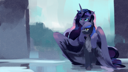 Size: 2560x1440 | Tagged: safe, artist:krapinkaius, princess luna, oc, oc:star reader, alicorn, pegasus, pony, g4, canon x oc, chest fluff, countershading, duo, duo male and female, ethereal mane, female, floppy ears, front view, hooves on shoulders, hug, large wings, male, mare, pegasus oc, peytral, shipping, stallion, stallion oc, straight, unshorn fetlocks, wings, wings down