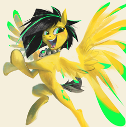 Size: 780x783 | Tagged: safe, artist:beherelongtime, oc, oc only, oc:lightning bug, pegasus, pony, fanfic:song of seven, black mane, clothes, female, flying, gem, jewelry, mare, necklace, pegasus oc, pegasus wings, short tail, simple background, smiling, solo, spread wings, stretch, stretching, tail, two toned mane, wings, yellow coat