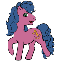 Size: 1087x1114 | Tagged: safe, artist:saby, derpibooru exclusive, melody, pony, g1, blue mane, colored, curly mane, female, flat colors, mare, open mouth, pink coat, simple background, smiling, solo, transparent background, walking