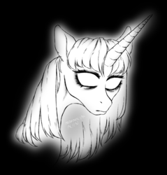 Size: 1836x1924 | Tagged: safe, artist:mammalian_alien, twilight sparkle, ghost, ghost pony, undead, unicorn, g4, black background, blank eyes, dishevelled, horn, messy mane, monochrome, simple background, solo