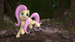 Size: 3840x2160 | Tagged: safe, artist:owlpirate, fluttershy, pegasus, pony, g4, 3d, 4k, cute, female, forest, happy, high res, looking up, mare, nature, open mouth, open smile, shyabetes, smiling, solo, source filmmaker, tree