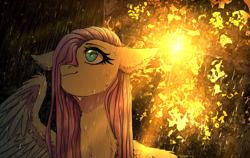 Size: 3042x1920 | Tagged: safe, artist:avrameow, fluttershy, pegasus, pony, g4, bust, chest fluff, crepuscular rays, ear fluff, female, floppy ears, foliage, hair over one eye, high res, looking away, looking up, mare, one wing out, outdoors, rain, solo, three quarter view, wet, wet mane, wing fluff, wings