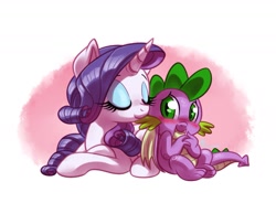 Size: 1807x1331 | Tagged: safe, artist:whitediamonds, rarity, spike, dragon, pony, unicorn, g4, age difference, blushing, cute, duo, duo male and female, female, horn, male, raribetes, ship:sparity, shipping, spikabetes, spikelove, straight, winged spike, wings