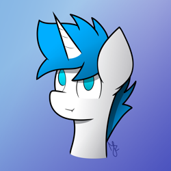 Size: 2339x2339 | Tagged: safe, artist:japkozjad, oc, oc only, oc:nhale, pony, unicorn, blue eyes, blue mane, bust, fangs, gradient background, gradient mane, horn, looking at you, looking up, no catchlights, no pupils, signature, smiling, solo, unicorn oc, white coat