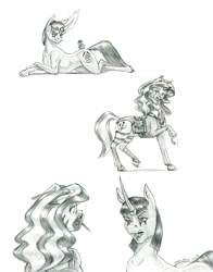 Size: 1050x1340 | Tagged: safe, artist:baron engel, oc, oc only, oc:prophecy, oc:scot free, pony, unicorn, zebra, bag, black and white, brush, brushie, brushie brushie, brushing, concave belly, female, glasses, grayscale, horn, horn ring, jewelry, levitation, lying down, magic, magic suppression, mare, monochrome, mouth hold, open mouth, pencil, pencil drawing, possession, raised hoof, ring, saddle bag, simple background, slender, slit pupils, story included, telekinesis, thin, traditional art, white background