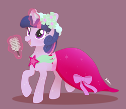 Size: 1500x1300 | Tagged: safe, artist:sion, twilight sparkle, pony, unicorn, a canterlot wedding, g4, alternate hairstyle, bridesmaid dress, clothes, dress, female, flower, flower in hair, glowing, glowing horn, horn, levitation, love is in bloom, magic, mare, microphone, open mouth, open smile, red background, signature, simple background, smiling, solo, telekinesis, unicorn twilight