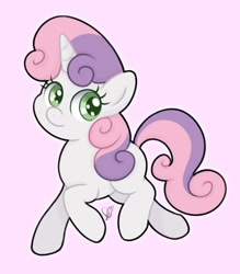 Size: 745x852 | Tagged: safe, artist:czscribbles, sweetie belle, pony, unicorn, g4, blank flank, cute, diasweetes, female, filly, foal, horn, looking at you, pink background, prancing, simple background, smiling, solo